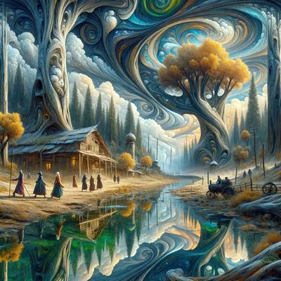 Primary subject: A painting of a group of people walking down a road near a body of water.

Setting/background: The painting features a forest in the background, with a river flowing through it.

Visual style: The painting is a digital artwork, showcasing a surreal and whimsical atmosphere.

Colors and mood: The painting is predominantly blue and green, creating a serene and peaceful mood.